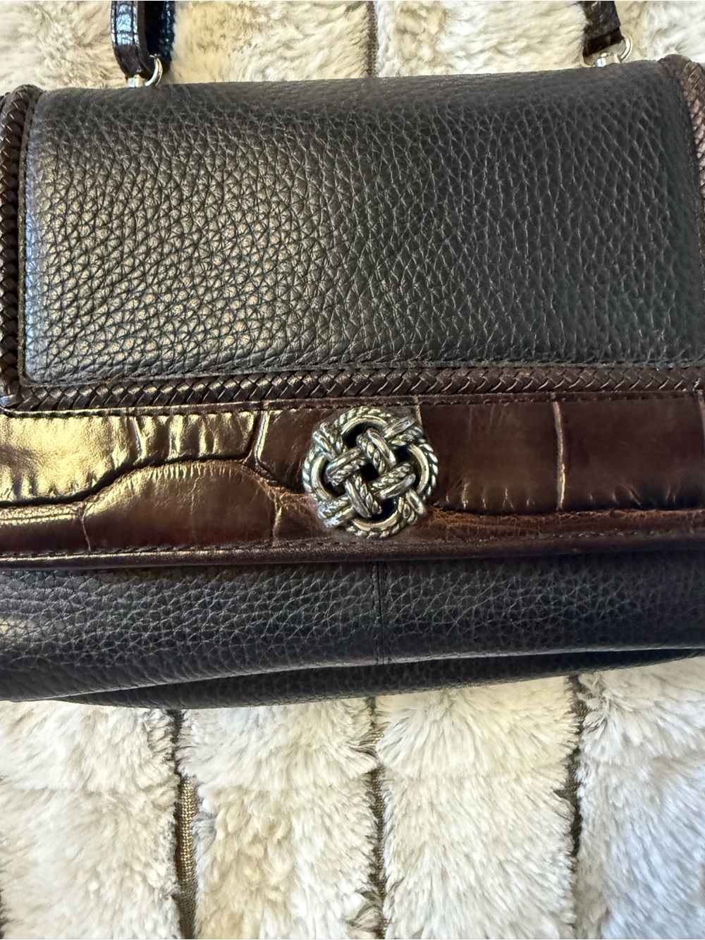 Brighton Black and Dark Brown Leather Crossbody with Croc Accents - Picture 2 of 13